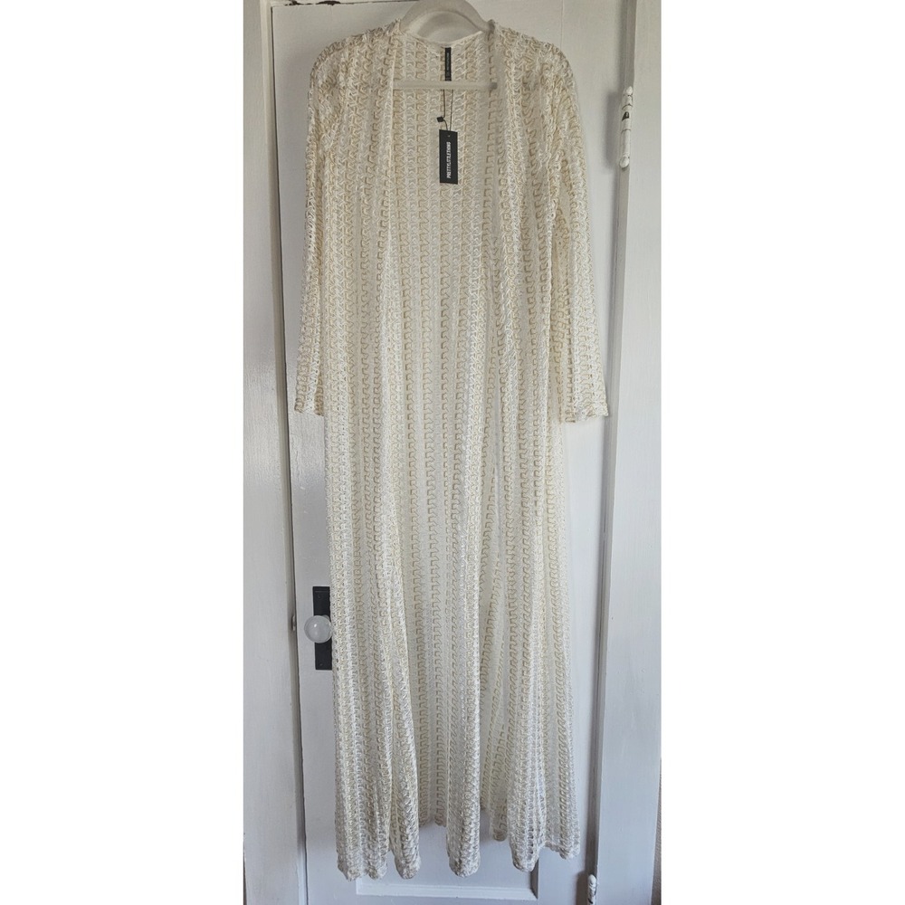 NWT PRETTY LITTLE THING cream Metallic Netted Crochet beach Kimono USA 4‎